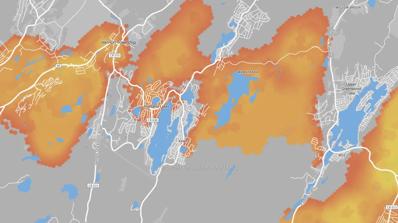 Bike Grade map of Highland Lakes, NJ