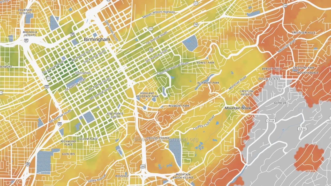Bike Grade map of Highland Park, Birmingham, AL
