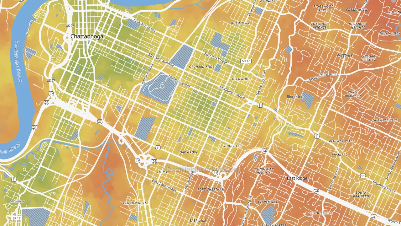 Bike Grade map of Highland Park, Chattanooga, TN
