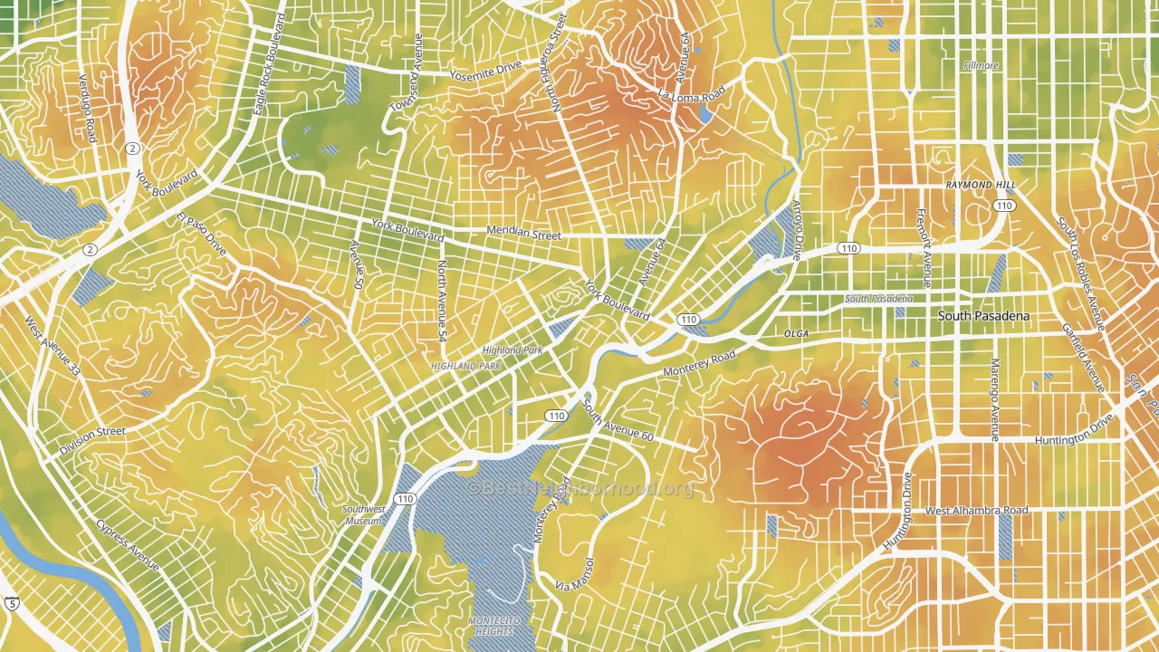 Bike Grade map of Highland Park, Los Angeles, CA