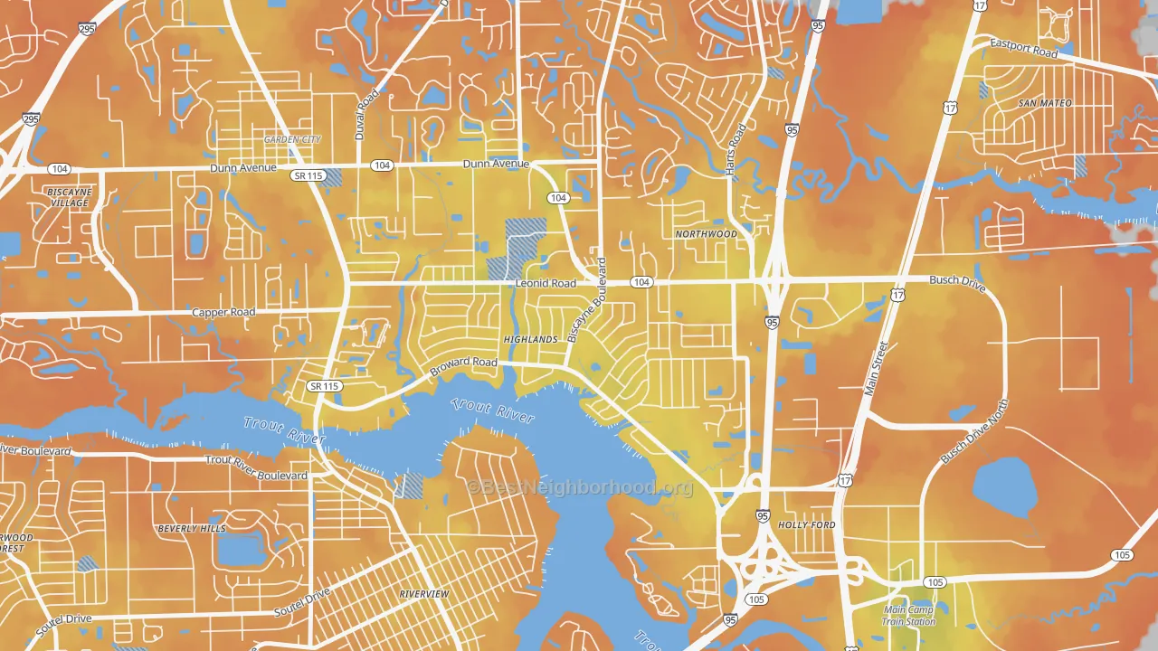 Bike Grade map of Highlands, Jacksonville, FL