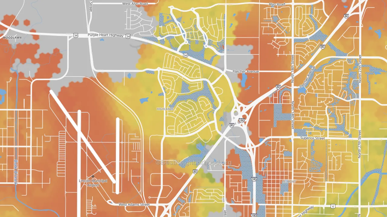 Bike Grade map of Highlands, Lincoln, NE