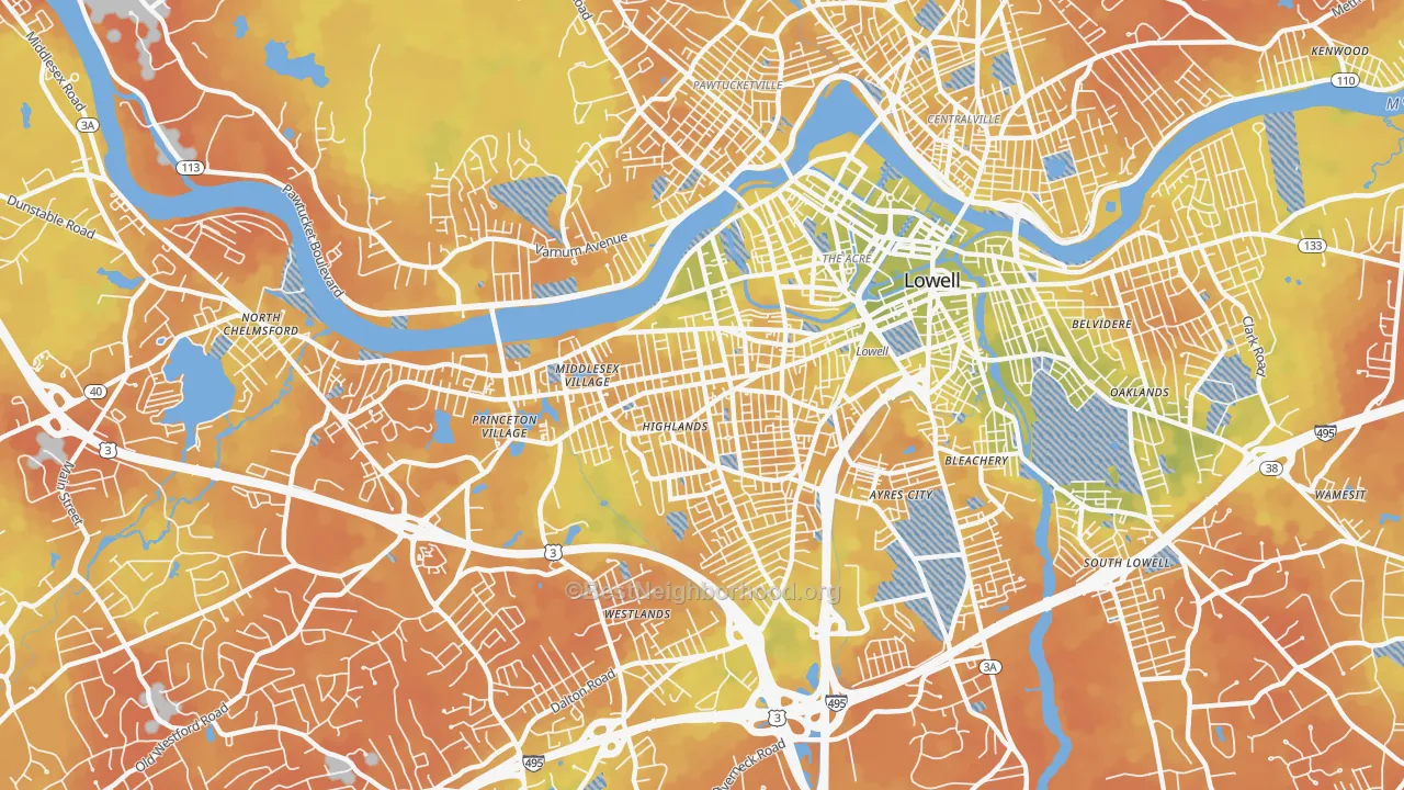 Bike Grade map of Highlands, Lowell, MA