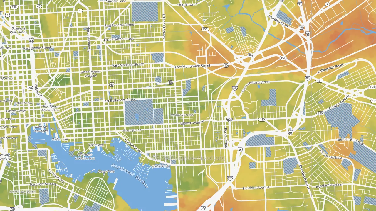 Bike Grade map of Highlandtown, Baltimore, MD