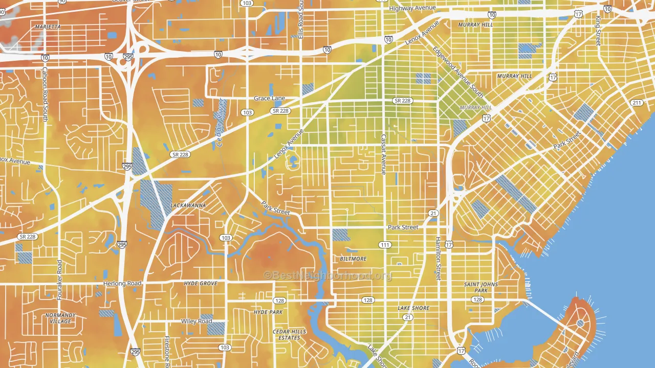 Bike Grade map of Hillcrest, Jacksonville, FL
