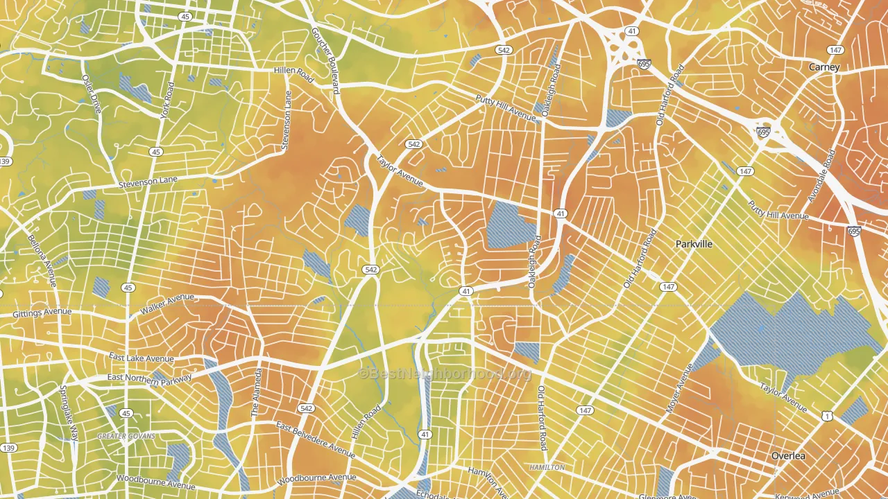 Bike Grade map of Hillendale, Parkville, MD