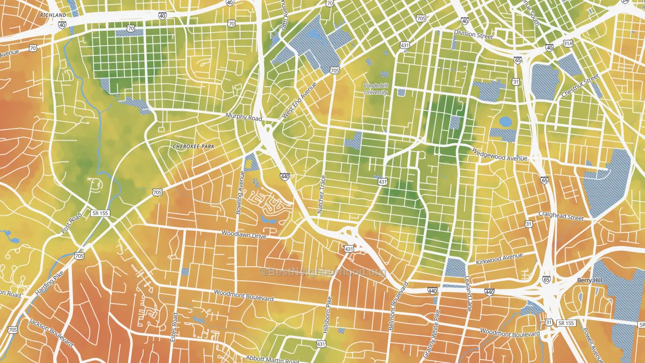 Bike Grade map of Hillsboro West End, Nashville, TN