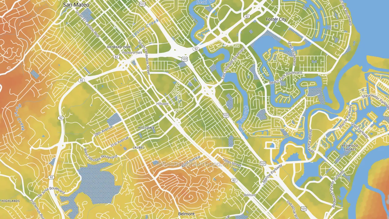 Bike Grade map of Hillsdale, San Mateo, CA