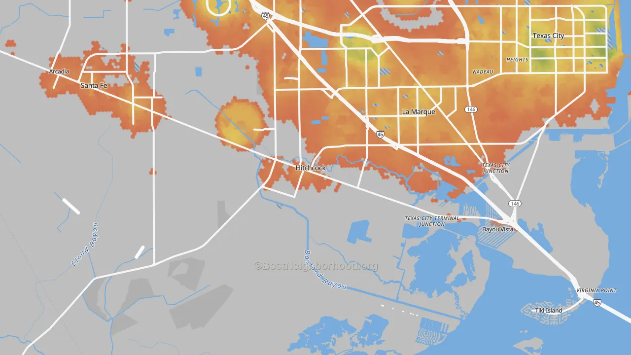 Bike Grade map of Hitchcock, TX