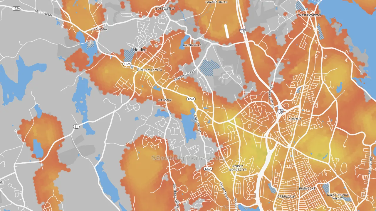 Bike Grade map of Holden, MA