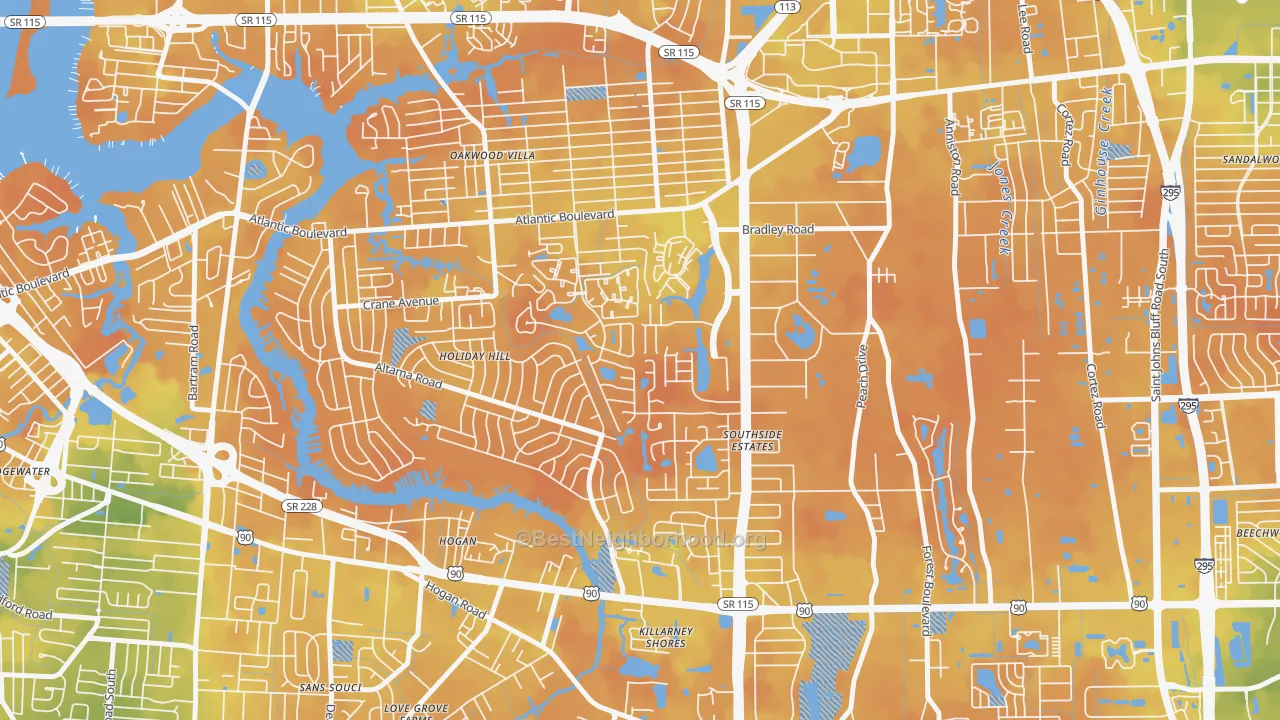 Bike Grade map of Holiday Hill, Jacksonville, FL