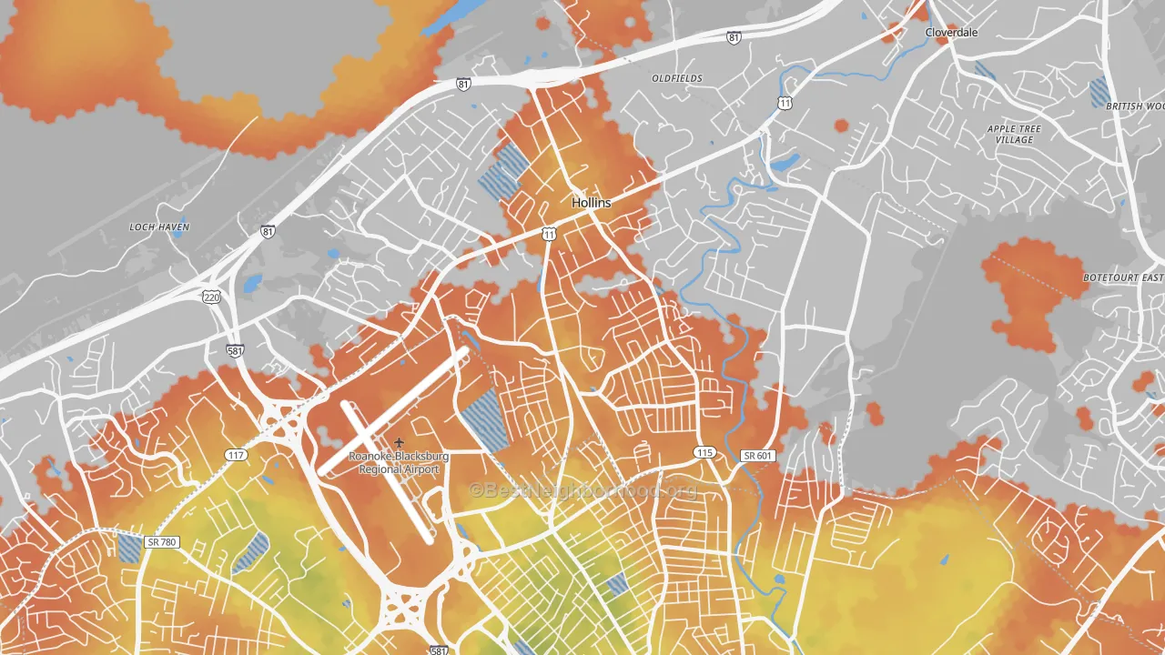 Bike Grade map of Hollins, VA
