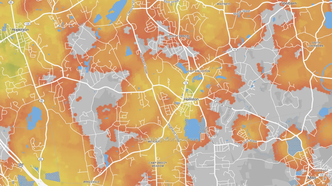 Bike Grade map of Holliston, MA