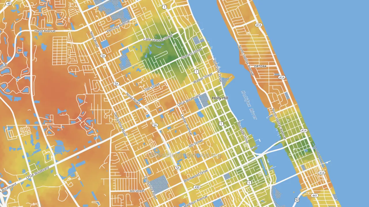 Bike Grade map of Holly Hill, FL