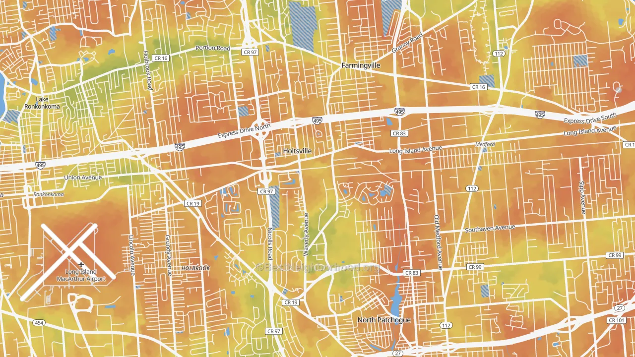 Bike Grade map of Holtsville, NY