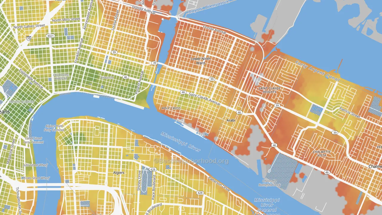 Bike Grade map of Holy Cross, New Orleans, LA