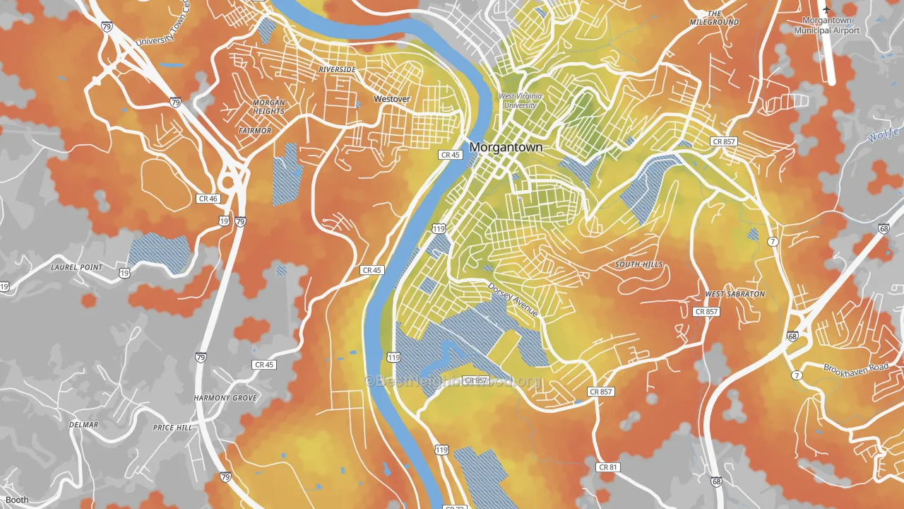 Bike Grade map of Hopecrest, Morgantown, WV