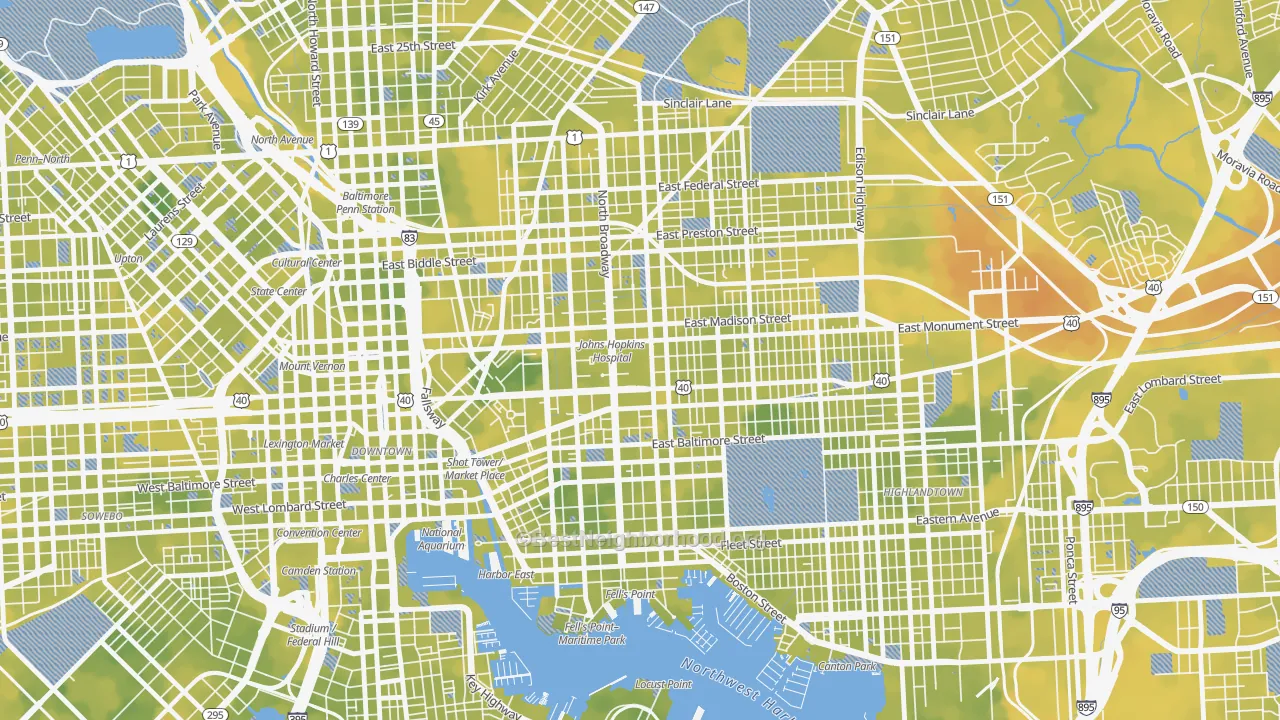 Bike Grade map of Hopkins-Middle East, Baltimore, MD