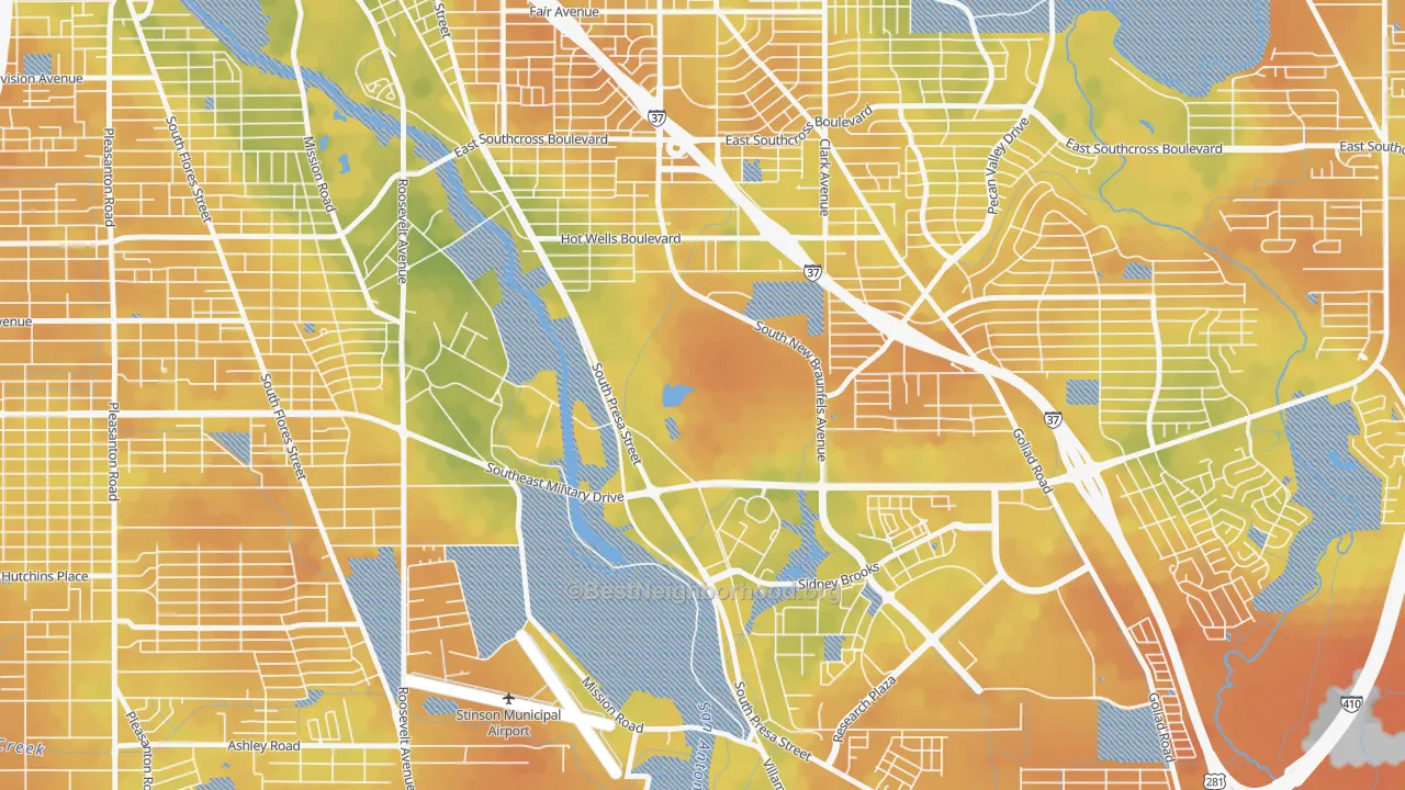 Bike Grade map of Hot Wells, San Antonio, TX