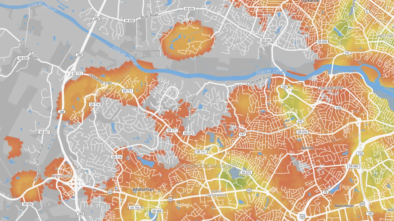 Bike Grade map of Huguenot, Richmond, VA