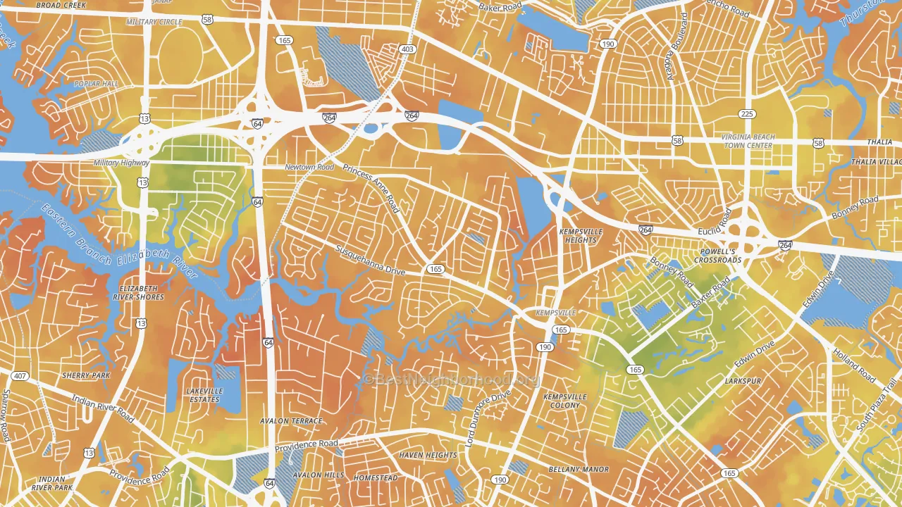 Bike Grade map of Huntington-Jefferson, Virginia Beach, VA
