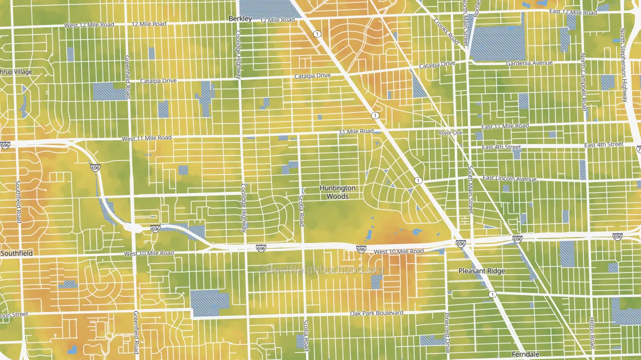 Bike Grade map of Huntington Woods, MI