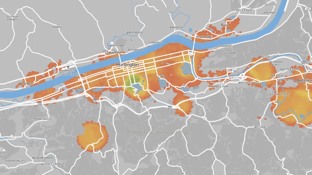 Bike Grade map of Huntington, WV