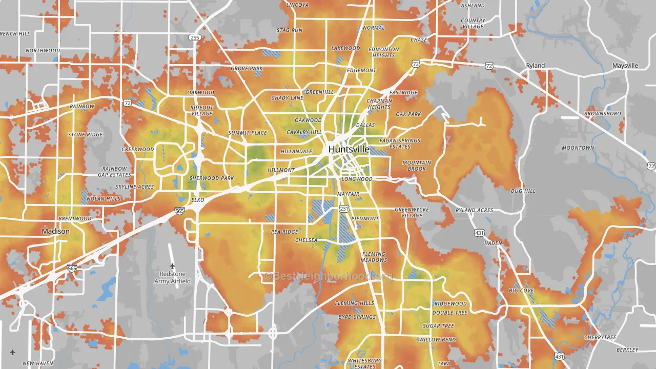 Bike Grade map of Huntsville, AL