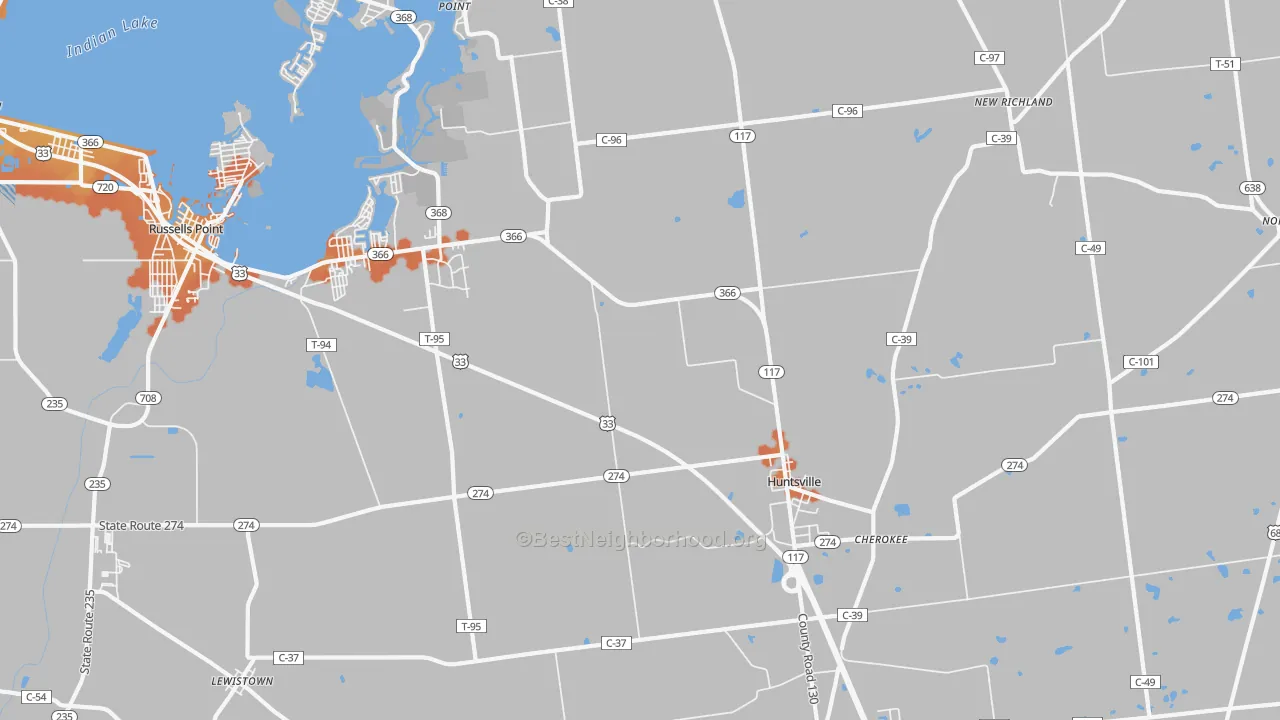 Bike Grade map of Huntsville, OH