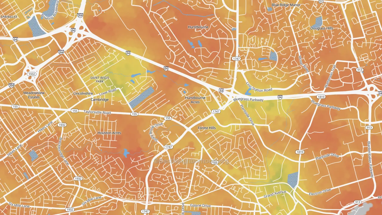 Bike Grade map of Hurstbourne Acres, KY