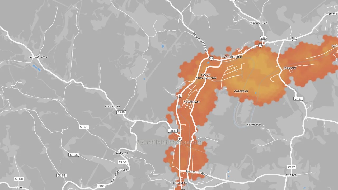Bike Grade map of Hutchinson, WV