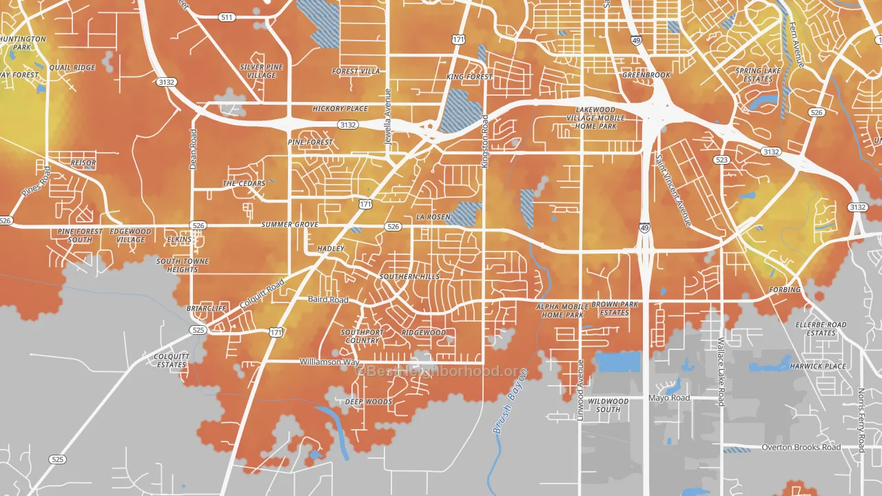 Bike Grade map of Hyde Park-Brookwood-Southern Hills, Shreveport, LA