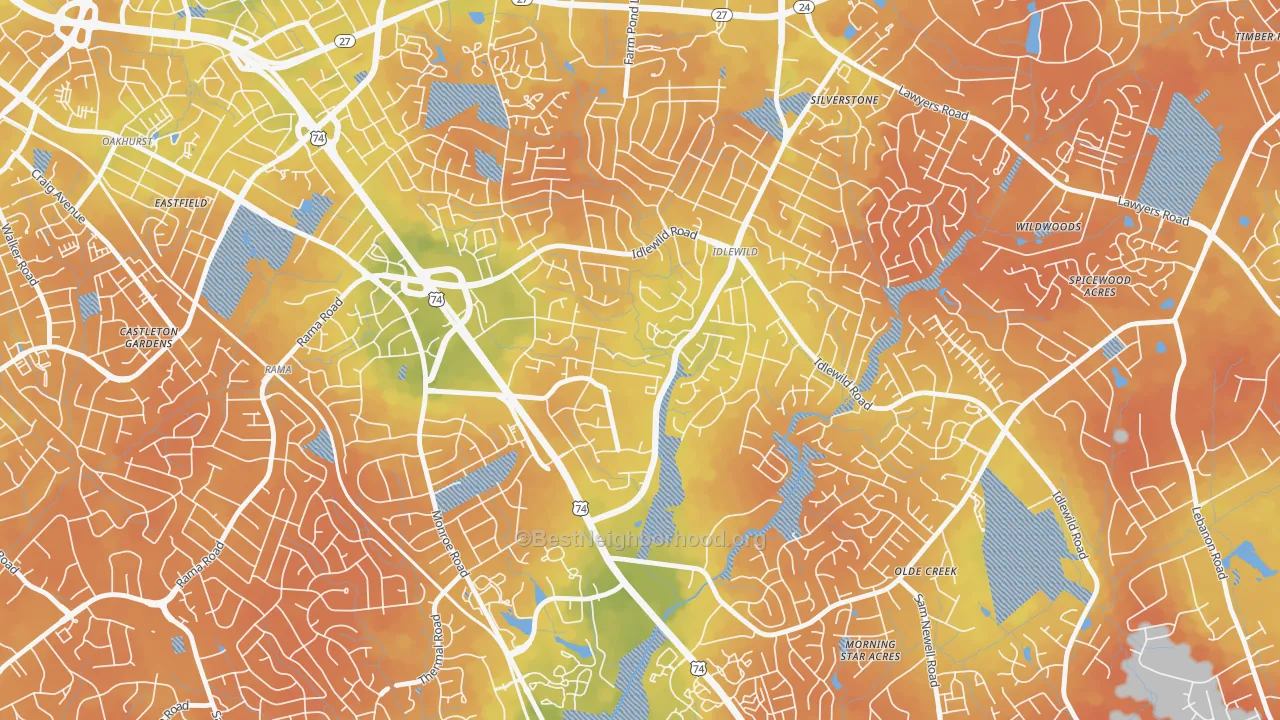 Bike Grade map of Idlewild South, Charlotte, NC