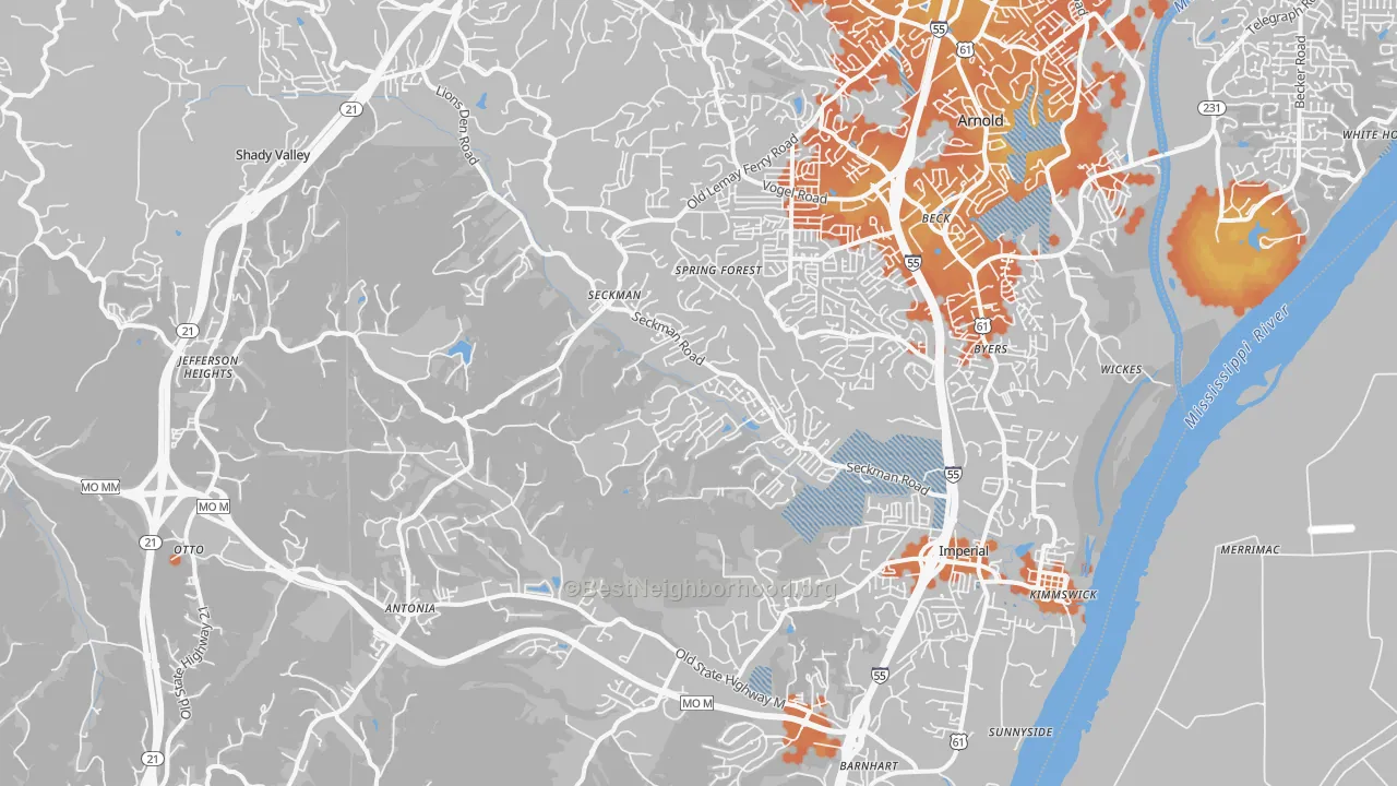 Bike Grade map of Imperial, MO