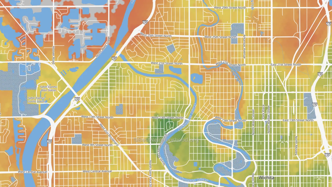 Bike Grade map of Indian Hills Riverbend, Wichita, KS