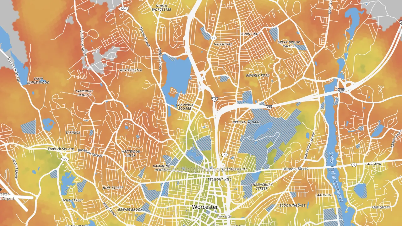 Bike Grade map of Indian Lake East, Worcester, MA