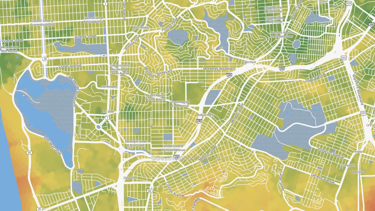 Bike Grade map of Ingleside, San Francisco, CA