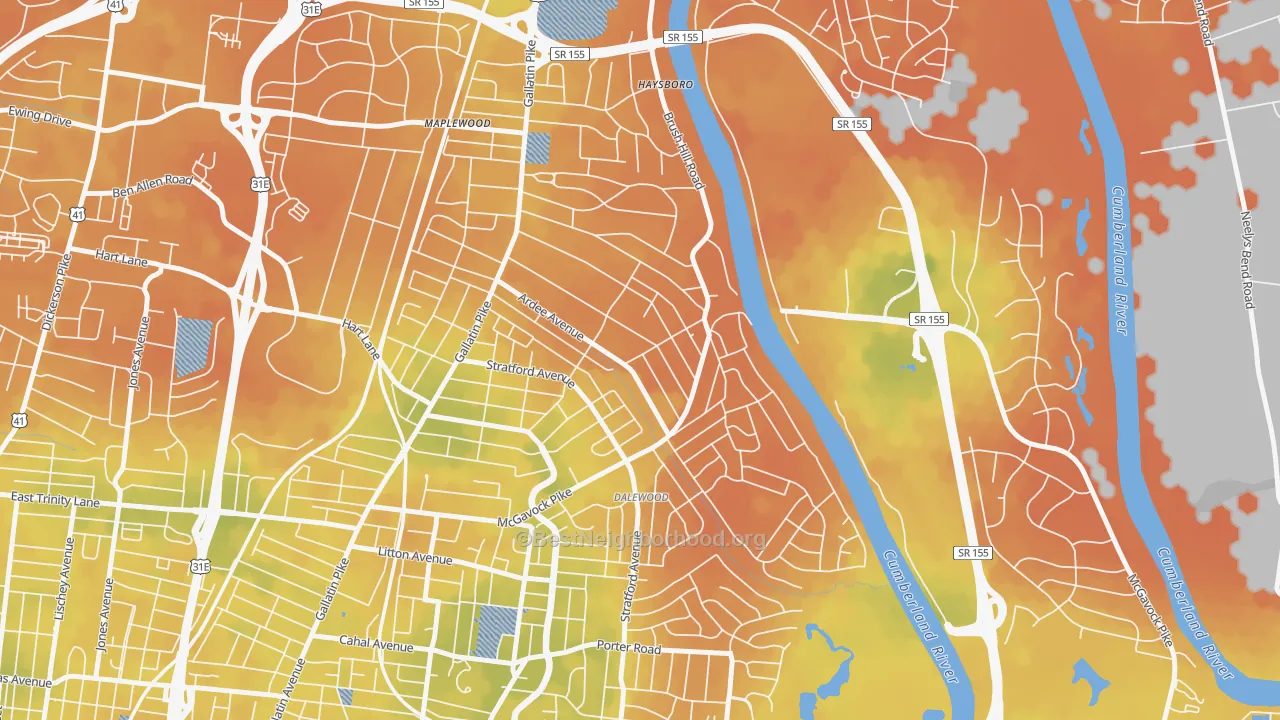 Bike Grade map of Inglewood-Riverwood, Nashville, TN