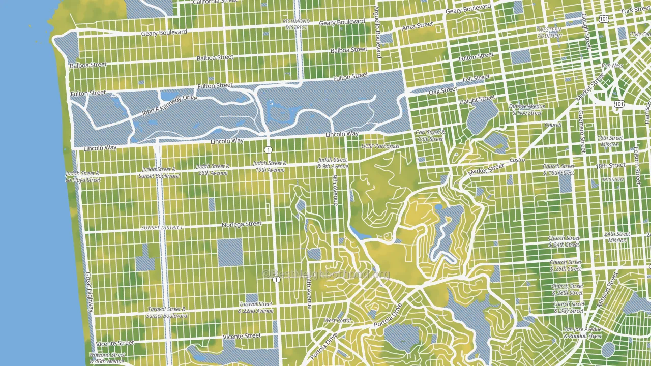 Bike Grade map of Inner Sunset, San Francisco, CA