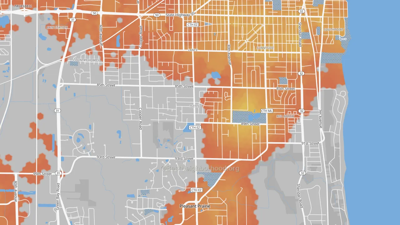 Bike Grade map of Isetts, Kenosha, WI