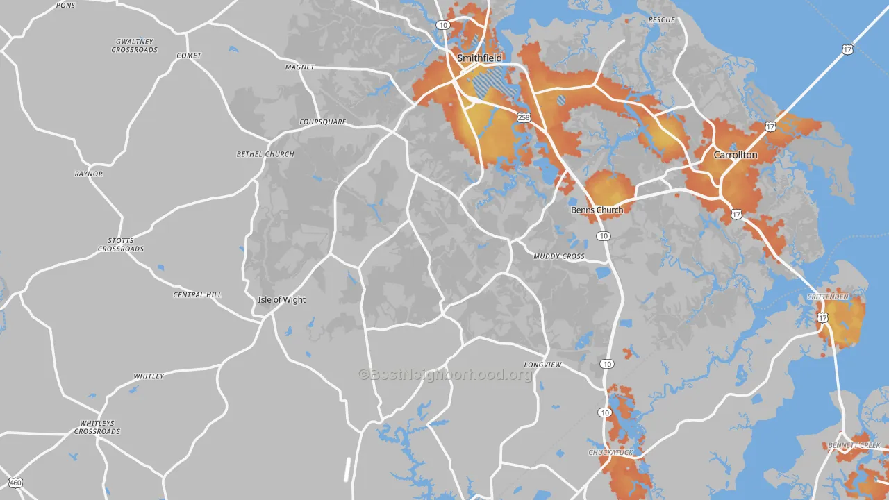 Bike Grade map of Isle of Wight County, VA