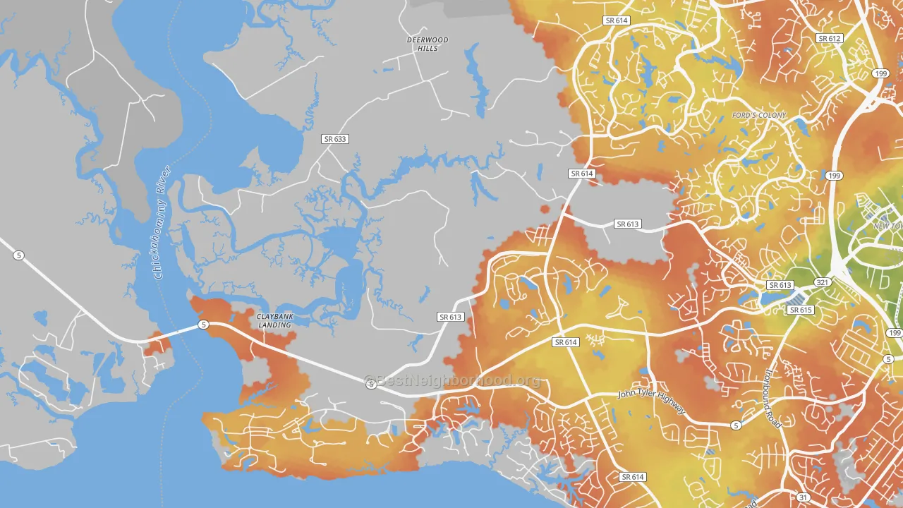 Bike Grade map of Jamestown, VA
