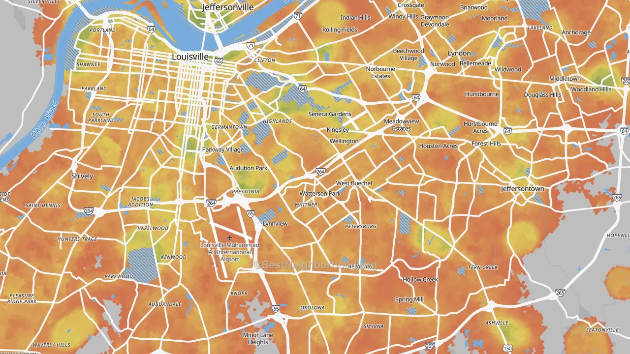 Bike Grade map of Jefferson County, KY
