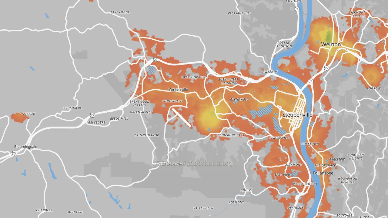 Bike Grade map of Jefferson County, OH
