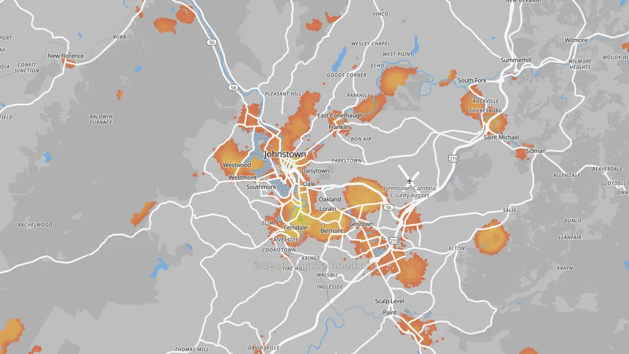 Bike Grade map of Johnstown, PA
