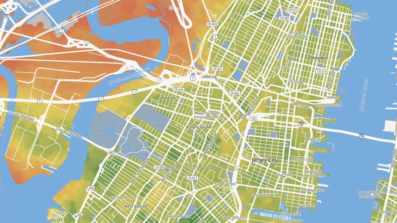 Bike Grade map of Journal Square, Jersey City, NJ