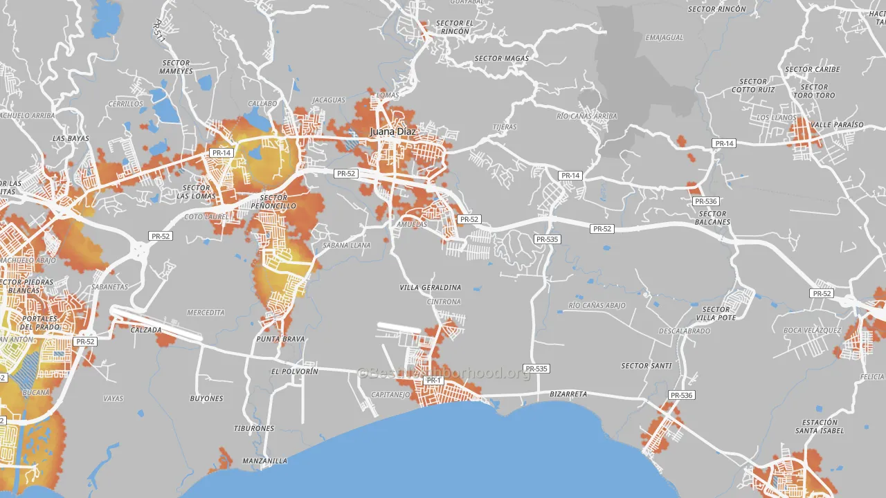 Bike Grade map of Juana Diaz, PR