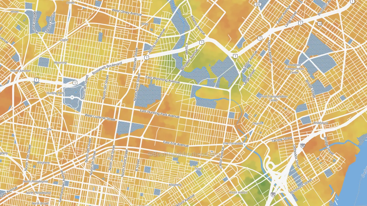 Bike Grade map of Juniata Park-Feltonville, Philadelphia, PA