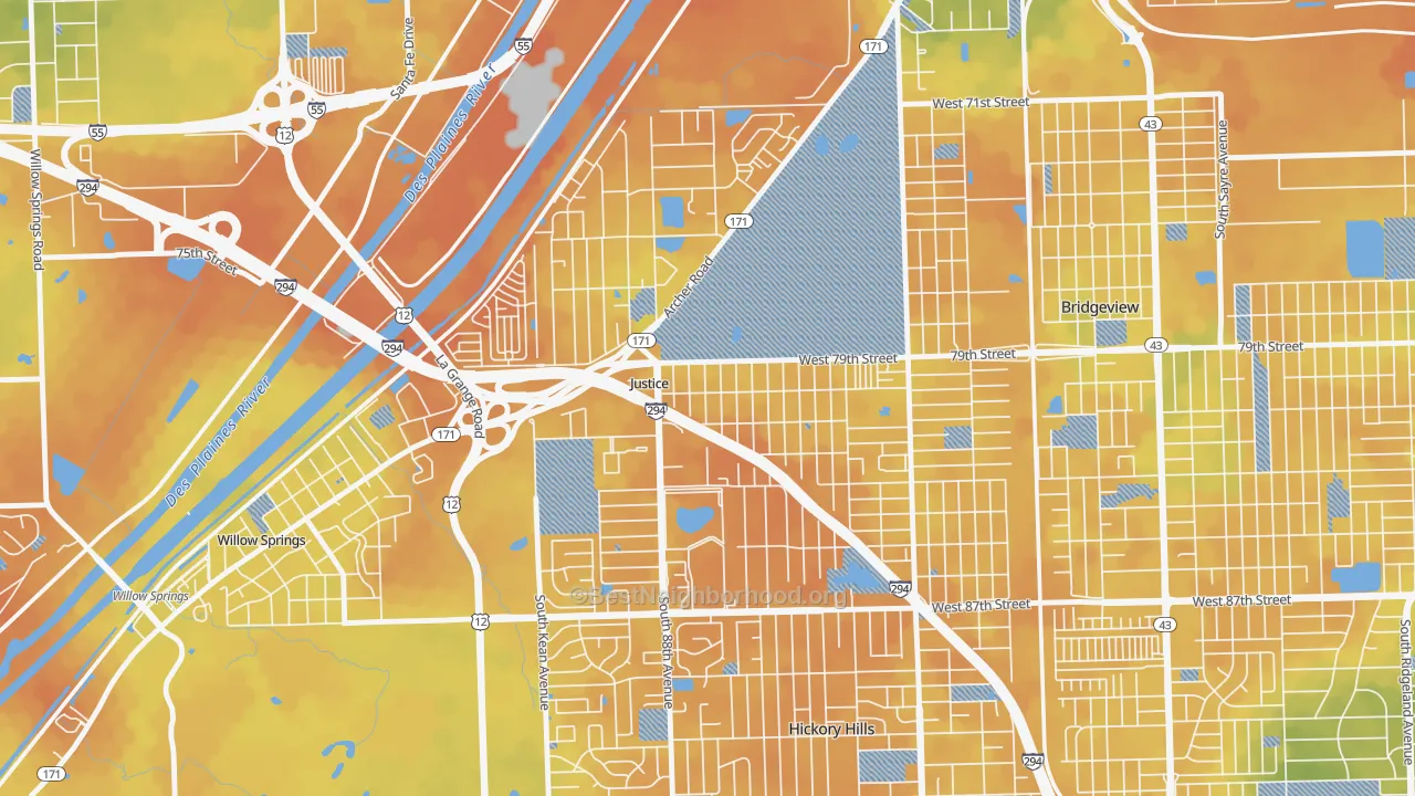 Bike Grade map of Justice, IL