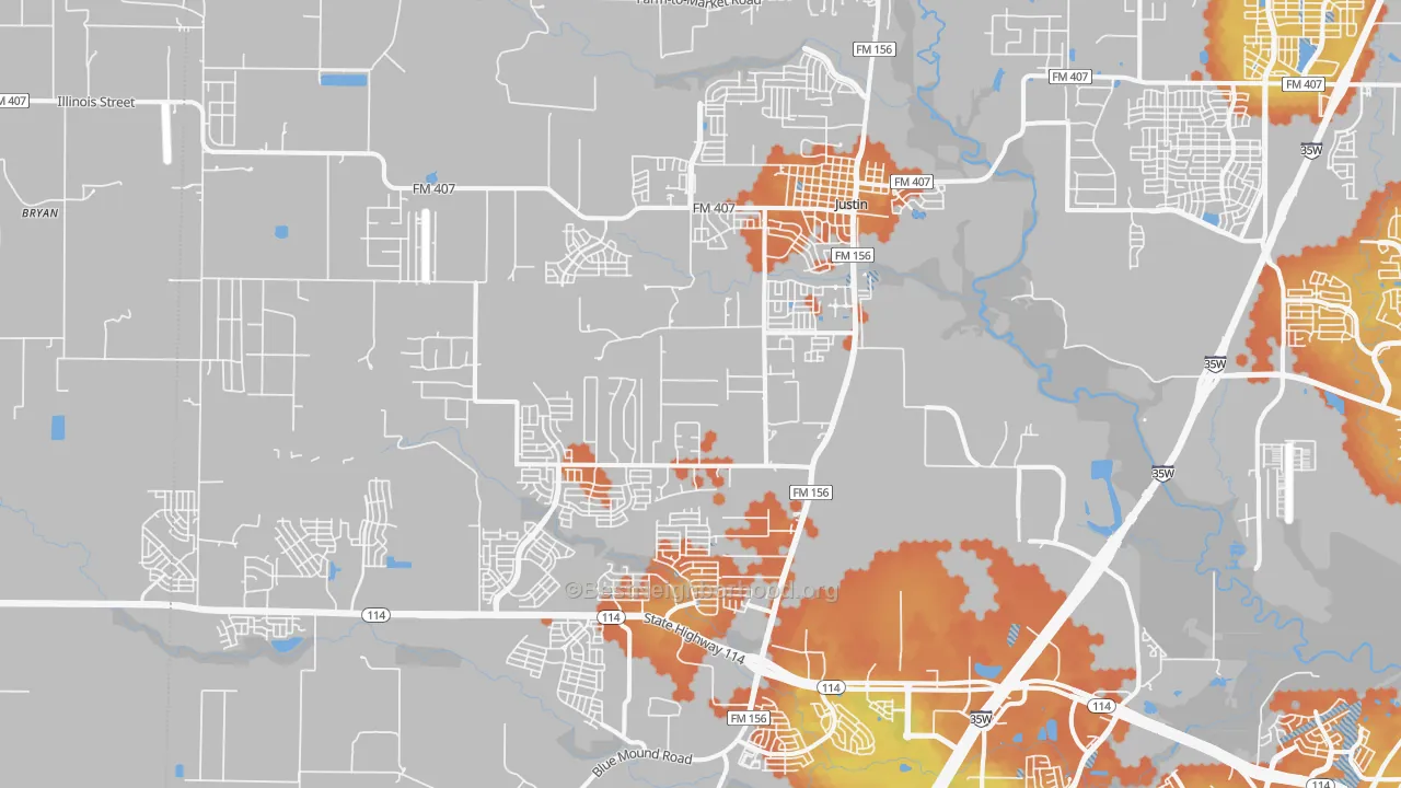 Bike Grade map of Justin, TX